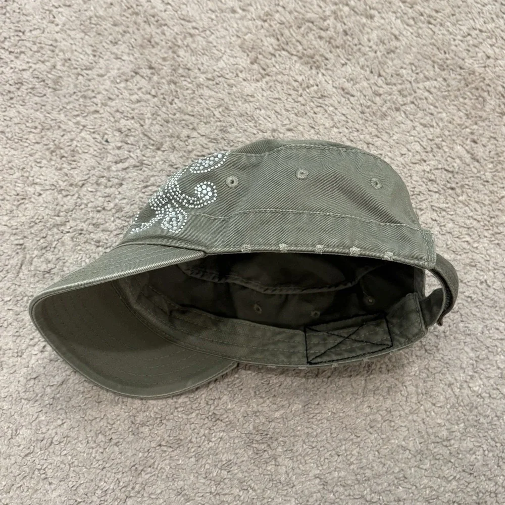 Vintage Y2K Fleur De Lis Cadet Hat Cap Adjustable Olive Green Military Style